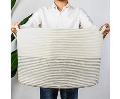 INDRESSME XXL Groß Wäschekorb aus Baumwolle für Decken im Wohnzimmer Korb zur Aufbewahrung im Kinderzimmer - Weiß und Schwarze Naht, 55 x 35 cm (D x H)