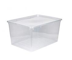 Kreher XXL Aufbewahrungsbox mit Deckel aus Kunststoff in Transparent. Fasst ca. 135 Liter. Maße ca. 78 x 56 x 41 H cm.