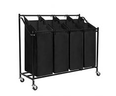 Meerveil Wäschesortierer 4 Fächer, Wäschekorb, Wäschesammler mit 4 abnehmbaren Stofftaschen, Wäschebehälter auf Rollen, Wäschebox, 4x45 Liter, Schwarz