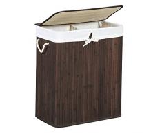 SONGMICS Wäschekorb 100 L, Wäschesammler aus Bambus, Wäschesortierer, Wäschetruhe mit getrennten Fächern, mit Griffen, Deckel mit Clips, faltbar, Wäschesack herausnehmbar, braun LCB72Z