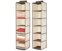 mDesign 2er-Set hängender Textilschrank aus Kunstfaser – praktisches Hängeregal mit je 6 Fächern – zusammenfaltbarer Hängeschrank aus Stoff für das Schlafzimmer – cremefarben/braun