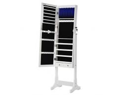 SONGMICS LED Beleuchtung Schmuckschrank, mit Spiegel, 5 Ablagen und 2 kleinen Schubladen, abschließbar JBC94W