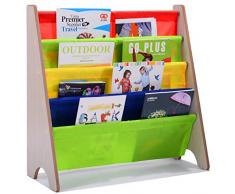 COSTWAY Kinder-Bücherregal Hängefächerregal Büchergestell Zeitungsständer mit 4 Ablagefächern (Natur+Bunt)