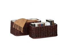 Relaxdays Korb Set Buri, 2 geflochtene Dekokörbe, Flechtkörbe mit Stoffbezug, dekorative Aufbewahrungskörbe, rotbraun