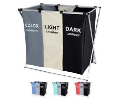BRIGHTSHOW 135L Wäschekorb 3 Fächer Sorter Korb Bin Faltbare mit Aluminiumrahmen 62cm × 37cm x 58cm Waschen Lagerung Schmutzige Kleidung Tasche für Badezimmer Schlafzimmer Home (Black+White+Grey)