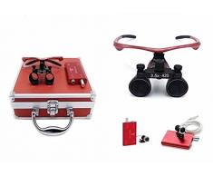 mkdental New Binokularlupe 3,5 x 420 mm Optisches Glas mit LED Head Light Lampe + Rot Aluminium Box