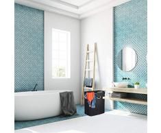 Relaxdays Wäschekorb Bambus, rechteckiger Wäschesortierer, 2 Fächer, Klappdeckel, platzsparend faltbar, 95 l, schwarz