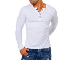 Young & Rich Herren Longsleeve Langarm T-Shirt Knopfleiste mit extra großen Metall Knöpfen Slimfit Big Buttons 2872, Grösse:M;Farbe:Weiß