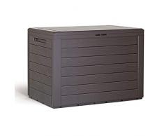 Auflagenbox Kunststoff Holzoptik Griffe klappbarer Deckel Truhe Balkonbox Gartenbox Kissenbox Balkon Garten braun