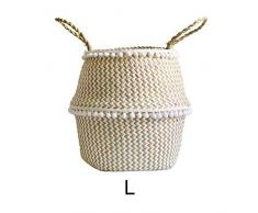 Wäschekorb Zusammenfaltbar, Faltbarer Aufbewahrungskorb aus Seegras Seite mit Flusen, Boho Strohkorb Geflochten Fischkorb, Spielzeugkasten, Kaminkorb für Schlafzimmer/Badezimmer usw (Stil 2, L)