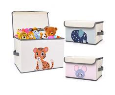 DIMJ Kinder Aufbewahrungsbox, Faltkiste Spielzeugkiste mit Deckel und Griffe, für Bücher, Kleidung, Spielzeug etc (3 Stück, Beige)