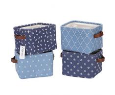 hinwo 4L Mini Größe Kinderzimmer Lagerplatz Korb faltbar quadratisch Denim Stoff Aufbewahrungsbox Container Organizer mit PU Leder Griffe für Regale und Schreibtische, Set 4, 20,1 x 16 x 14 cm