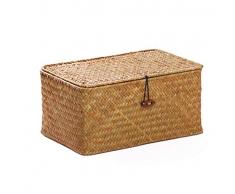 Rattankorb Aufbewahrungskorb aus Seegras mit Deckel Natürliches Material (Klein 26cmx14cmx11cm H)