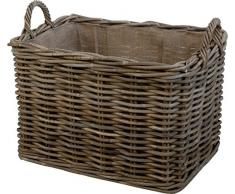 Stabiler Kaminholzkorb, Flechtkorb mit eingearbeitetem Jutestoff/Holzkorb Kaminkorb aus unbehandeltem Natur-Rattan Grau