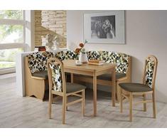 HOWE-Deko Truhen-Eckbankgruppe, Buche Natur Dekor; Eckbank, 2 Stühle und Vierfußtisch mit Auszügen; Bezug: Flachgewebe Uni braun und braun-floral; variabel aufbaubar