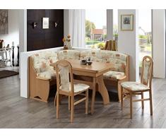 HOWE-Deko Truhen-Eckbankgruppe, Buche Natur Dekor BZW. Buche massiv naturfarbig; Eckbank, 2 Stühle und Winkelwangentisch; Bezug: Mikrofaser sandfarbig Gemustert; variabel aufbaubar