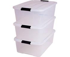 Iris 140065 Aufbewahrungsbox set von 3, Ordnungssystem, Stapelbare mit Handel 30 L, Kunststoffbox mit deckel, transparent