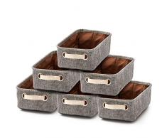 EZOWare 6er Set Klein Faltbare Aufbewahrungsbox aus Leinen Aufbewahrungskorb mit Griffen für Babyzimmer, Kinderzimmer, Heim und Büro – Grau/Creme, 30,5 x 17,8 x 10,2 cm