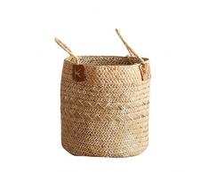 Natürlicher gewebter Seegras Bauch Korb, Nordic Fruit Garten-Aufbewahrungskorb Deko Korb Blumentopf Übertopf, mit Griffen für Home Organizer, Blumentopf, Wäsche und Beach Bag, weiß, Large