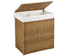 SONGMICS Wäschekorb handgeflochten, Wäschesammler aus synthetischem Rattan, mit Deckel und Griffen, Wäschesortierer, faltbar, Wäschesack herausnehmbar, naturfarben LCB52NL