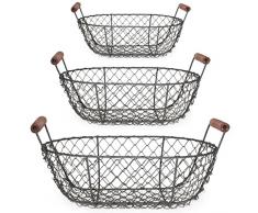 vonHermine Drahtkorb 3er Set Kartoffelkorb Holzhenkel Oval 26cm / 28,5cm / 31cm Dekokorb Metall