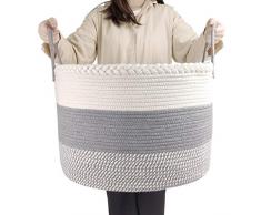 IvyH Extra Groß Baumwollseilkorb, 50 x 50 x 33 cm Wäschekorb Baumwollseilkorb Geflochtener Baby-Aufbewahrungskiste Wäschekorb für Decken, Kissen und Spielzeug, Aufbewahrungskorb mit Griff -Grau