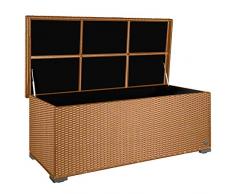 PREMIUM Sienna 650l Polyrattan Garten Kissenbox wetterfest (regnet nicht rein) 155 x 73 x 60 cm, Auflagenbox mit verstärktem Deckel und Gasdruckfedern, als Sitztruhe oder Tischplatte, Natur