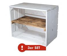 Holzkisten-Weinkisten / Regal aus Obstkisten mit Zwischenboden (3er Set - Weiße Regalkiste mit geflammten Brett)