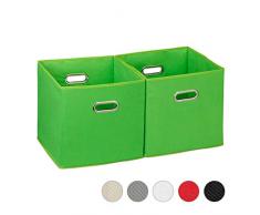 Relaxdays Aufbewahrungsbox 2er Set, Regalkorb ohne Deckel, mit Griff, faltbar, Stoffbox quadratisch, 30 cm, grün