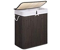 SONGMICS Wäschekorb 100 L, Wäschesammler aus Bambus, Wäschetruhe mit Griffen, Deckel mit Clips, faltbar, Wäschesack herausnehmbar, braun LCB71BR