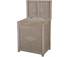 Krines Home Wäschekorb mit Holzrahmen aus Rattan/Wäschebehälter Hoch Vintage Weiß/Wäschepuff Korb