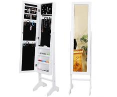 SONGMICS Schmuckschrank und Standspiegel zwei in einem, Lederimitat, weiß, 35,5 x 153 x 35 cm