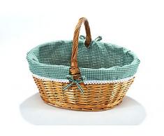 Kobolo Einkaufskorb Korb Weidenkorb - mit Textil ausgeschlagen - grün weiß kariert - 45x34x20 cm