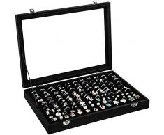 Ringbox, Schmuck-Organizer mit abnehmbaren Trennwänden, Ringvitrine mit Samtfutter, Schmuckvitrine mit Glasdeckel und Metallschloss für Ringe Ohrringe Manschettenknöpfe Aufbewahrung