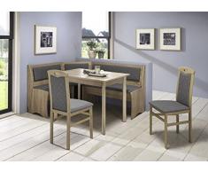 Truhen-Eckbankgruppe, Eiche Sonoma Sägerau Dekor bzw. Buche massiv sonomafarbig; Eckbank, 2 Stühle und Vierfußtisch; Bezug: Rückenpolsterung mit Steppung, Flachgewebe silber-grau; variabel aufbaubar