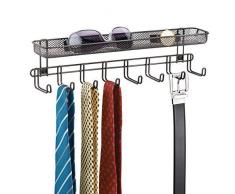 mDesign Garderobenleiste mit Ablage - 8 Garderobenhaken für Schmuckaufbewahrung, Krawattenhalter & Gürtelhalter - Aufbewahrungskorb für Portemonnaie, Schlüssel & Co. - bronze