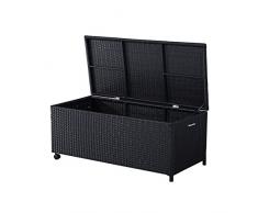 Outsunny Polyrattan Auflagenbox Gartenbox Gartentruhe 2 Rollen Hubautomatik Dunkelbraun, Metall