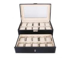 FAY Uhrenbox, 12-Fach PU-Leder-Schmuckvitrine mit Glasabdeckung, Uhrenspeicherserie, mit Sicherheitsschloss und Schlüssel,20digits