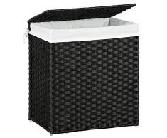 SONGMICS Wäschekorb handgeflochten, 110L Wäschesammler aus synthetischem Rattan, mit Deckel und Griffen, Wäschesortierer, faltbar, Wäschesack herausnehmbar, schwarz LCB52BK