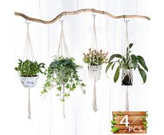 WD&CD 4 Stück Makramee Blumenampel Baumwollseil Hängeampel Mit 4 Haken, Handgewebtes Geflecht Hängender Blumentopf für Innen Außen Decken Balkone Gartendekor Wanddekoration (Beige, 100cm)