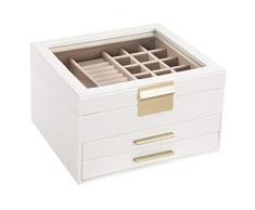 SONGMICS Schmuckkästchen mit Glasdeckel, Schmuckkasten mit 3 Ebenen, Schmuckbox mit 2 Schubladen, Schmuckaufbewahrung, Geschenk für Ihre Liebsten, weiß JBC239WT