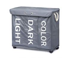 Minuma® Wäschekorb Wäschesortierer mit Rollen und Tragegriffen 96 Liter Fassungsvermögen | 3 Fächer zum bequemen vorsortieren Heller, dunkler und Farbiger Wäsche | 63 x 56 x 33 cm in dunkelgrau