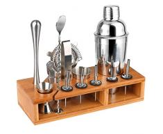 Hossejoy Premium-Cocktail Shaker Barkeeper Kit -13 Stück Bar-Werkzeug-Set mit stilvollem Bambus steht,umfasst Barkeeper Professional Shaker,Sieb,Jigger,Liquor Ausgießer und mehr Silber