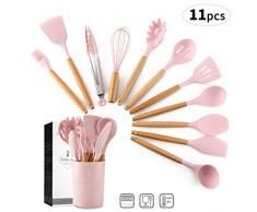 Nwlzx Silikon Küchenutensilien,11 Pcs Küchenhelfer Set, Hitzebeständig Küche Utensil Set mit Harten Holzgriff Antihaft/Einfach zu Reinigen/Suppe Löffel, Spachtel, Schneebesen Pink