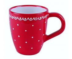 UNGARNIKAT Keramik Milchkaffeebecher/Kaffeebecher rot mit handbemalten kleinen weißen Punkten und Spitze am Rand