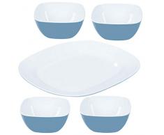 Melamin Geschirr Servierplatte 30x25cm und 4 Schälchen 10x10cm Camping blau-weiß rechteckig Moderne Servierplatten Aufschnittplatte Dipschälchen Fingerfood Servierteller modernes Campinggeschirr