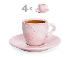 Hausmann & Söhne Espresso Tassen dickwandig | Set 8-TLG | 4er Set Pastell rosa Marmor Tassen mit Untertassen | Porzellan | Tasse 80ml | Espresso Tassen Set mit Untersetzer | Geschenkidee
