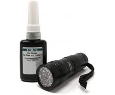 Ber-Fix® 10g UV Kleber Spezial Glas mit Lampe dickflüssig | UV Taschenlampe 12er Led | extra stark für Glas und Metall | lichthärtender und transparenter Klebstoff | Qualitätsprodukt aus Berlin
