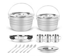 Odoland 15 teiliges Camping Kochgeschirr Set inkl. 2 Kochtopf, Pfanne, Campingbesteck, Becher, Teller aus Edelstahl für Outdoor Kochen