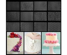 BELLE VOUS Fondant Prägematten (12 STK) - 25,4x17,8cm Strukturmatte für Tortendeko mit 12 Verschiedenen Designs Prägematte mit Silikonmatte Schablonen für Torte, Cupcakes, Kekse, Backzubehör